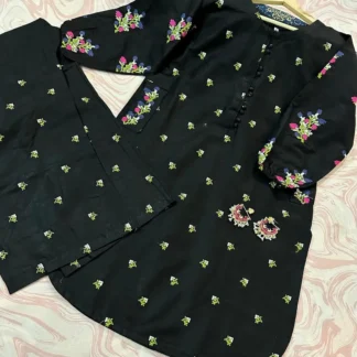 Black Linen Embroidered 2-Piece Set for Women