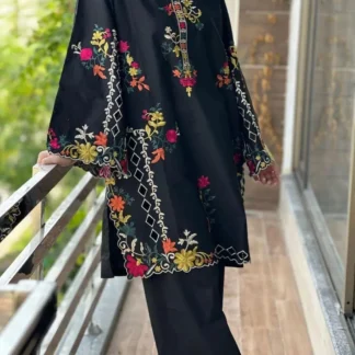 Black Linen 2-Piece Embroidered Suit for Eid & Formal Wear