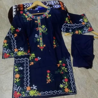 Navy Blue Floral Linen 2-Piece Set for Women