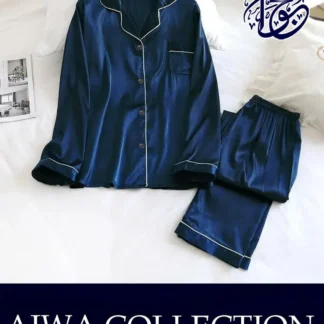 Blue Silk V-Neck Night Suit with Piping Work