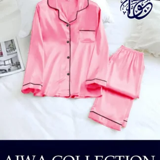Pink Silk Pajama Set With Piping Work