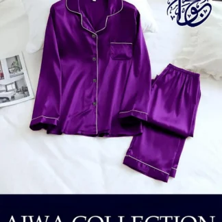 Purple Silk Pajama Set for Women with Piping Work