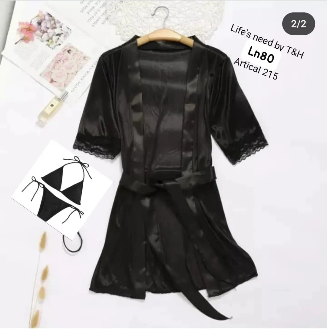 Black Silk 3-Piece Nightwear Set for Women - Image 2