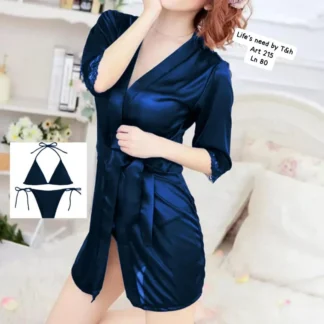 Women Silk Nightgown Set Blue V-Neck 3 Pcs