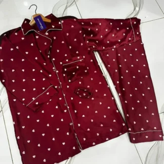 Maroon Silk Night Suit with Heart Print & Scrunchie
