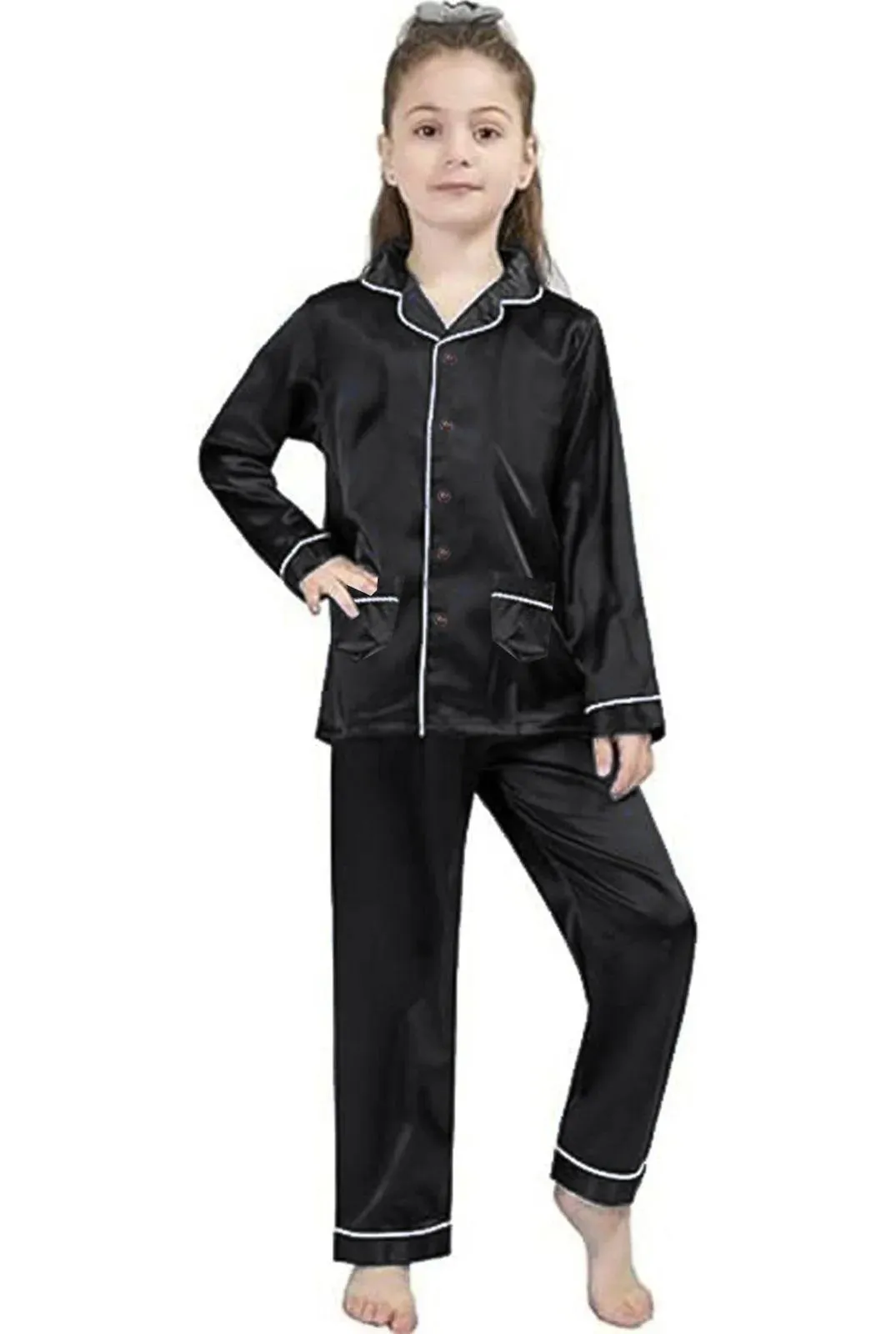 Black Silk Night Suit for Girls 6-12 Years 2Pcs