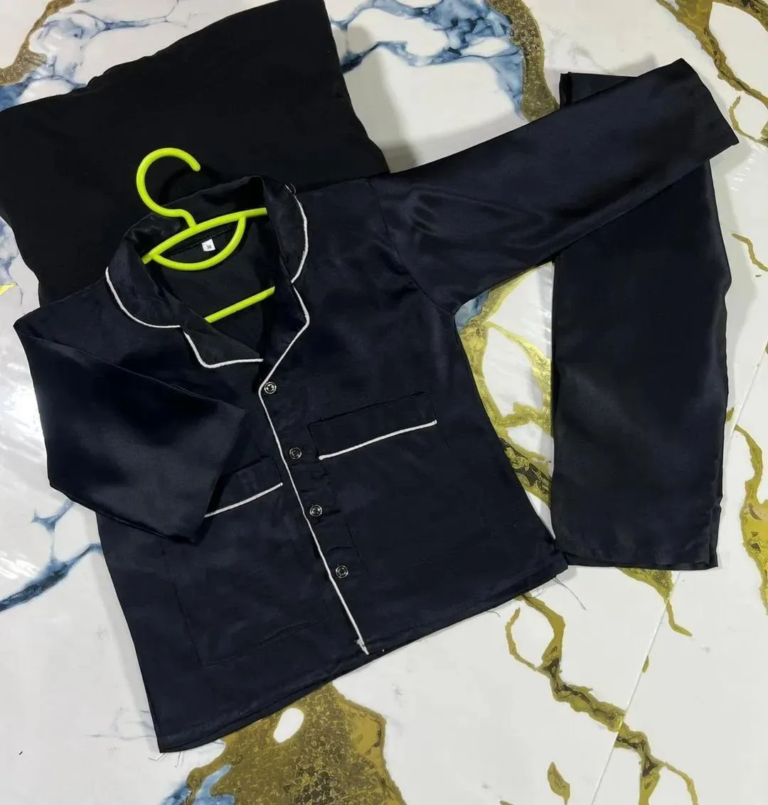 Black Silk Night Suit for Girls 6-12 Years 2Pcs - Image 2