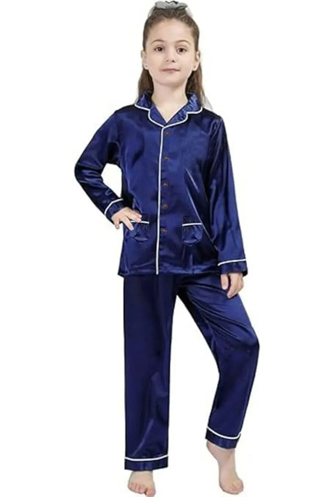 Blue Stitched Polyester Night Suit for Girls 6-12 Years