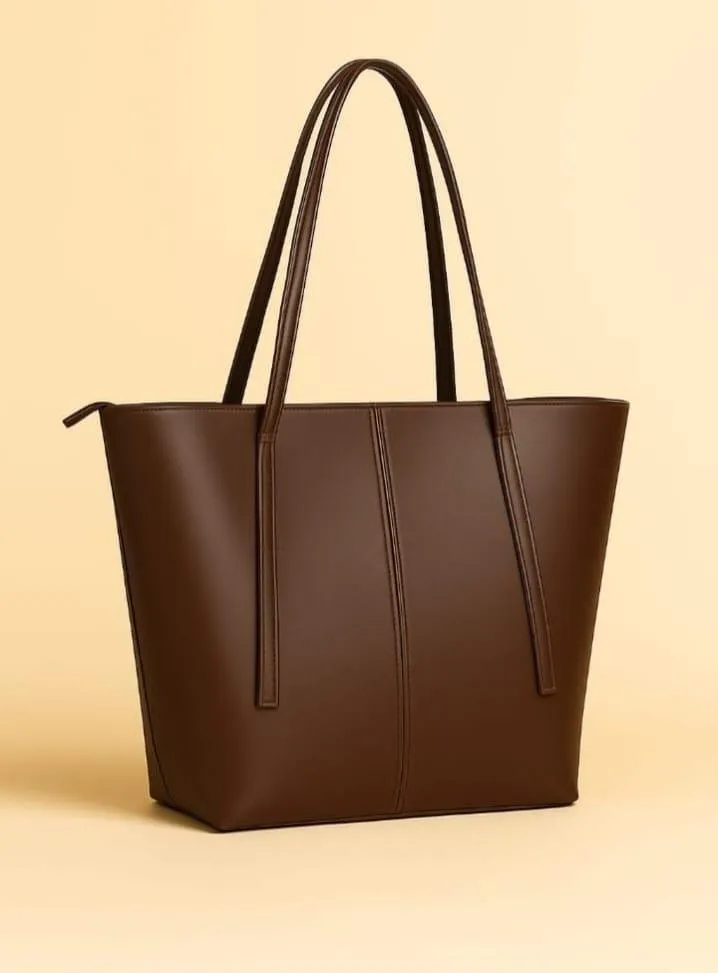 Women's Brown Leather Tote Bag with Zipper Pocket