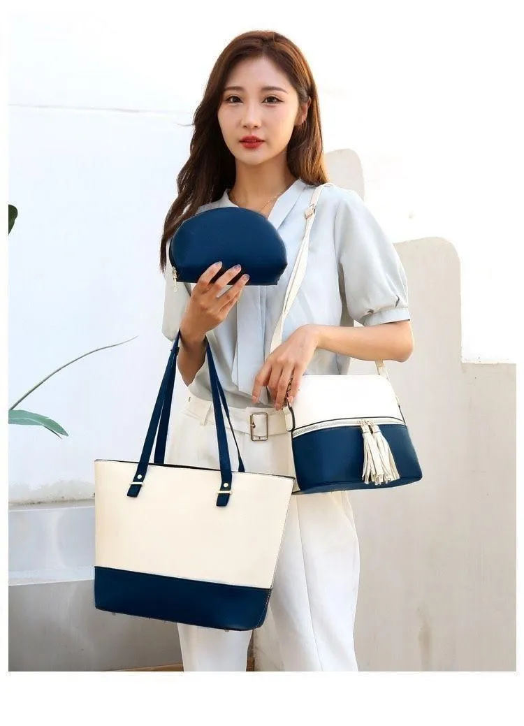 Women's Leather Shoulder Bag Set 3pcs Blue Mustard Beige - Image 6