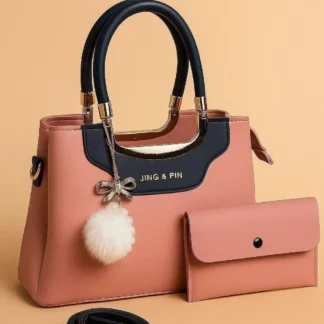 Pink Synthetic Leather Handbag with Belt & Keychain for Girls