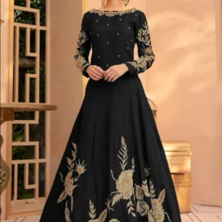 Black Silk Embroidered Maxi Dress 58" Flare for Women