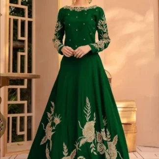 Green Silk Embroidered Maxi Dress for Women Eid Wedding