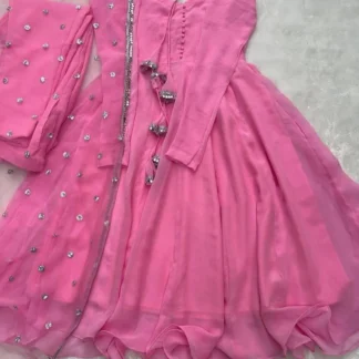 Pink Chiffon Embroidered Maxi Suit 3Pcs Eid Party Wear