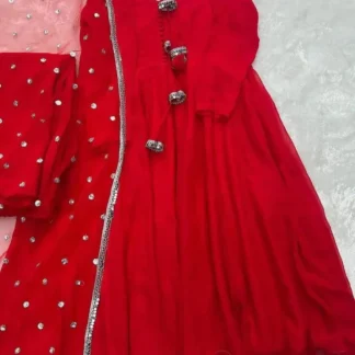 Red Chiffon Maxi Suit Set for Women with Embroidery