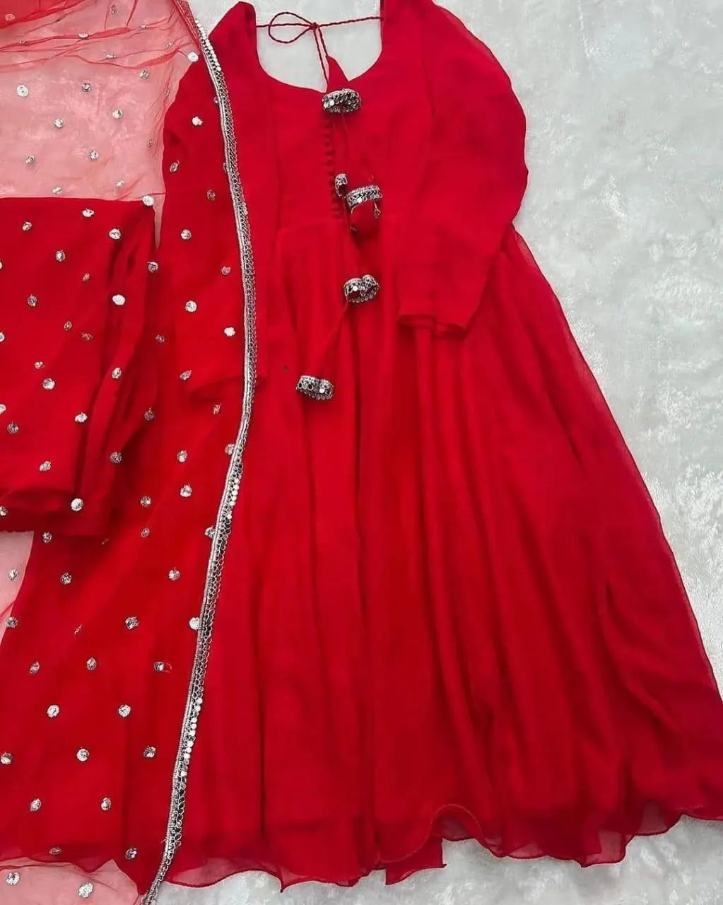 Red Chiffon Maxi Suit Set for Women with Embroidery