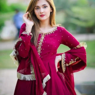 Maroon Chiffon Maxi Suit 3Pcs Pearl Embroidery Eid Party Wear