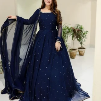 Blue Chiffon Embroidered Maxi Suit 3PCs with Lace Dupatta