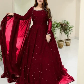 Maroon Embroidered Chiffon Maxi Suit 3Pcs with Lace Dupatta