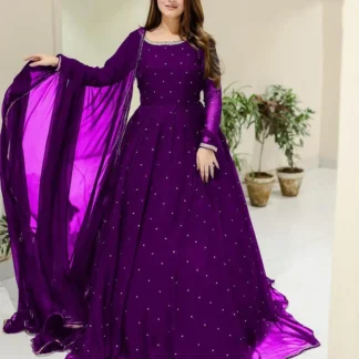 Purple Chiffon Maxi Suit with Pearl Embroidery for Weddings Eid