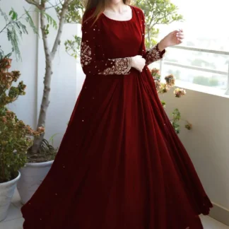 Maroon Embroidered Maxi Gown with Trouser Set