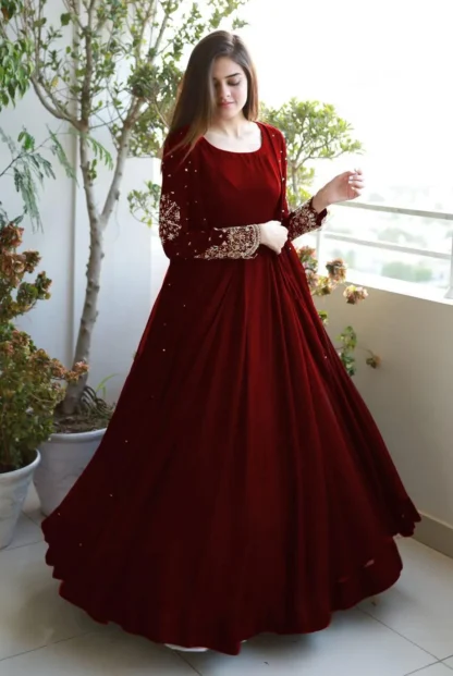Maroon Embroidered Maxi Gown with Trouser Set