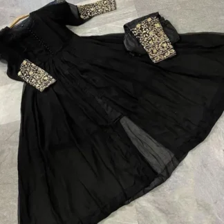 Black Embroidered Chiffon Maxi & Trouser Set 2PCs