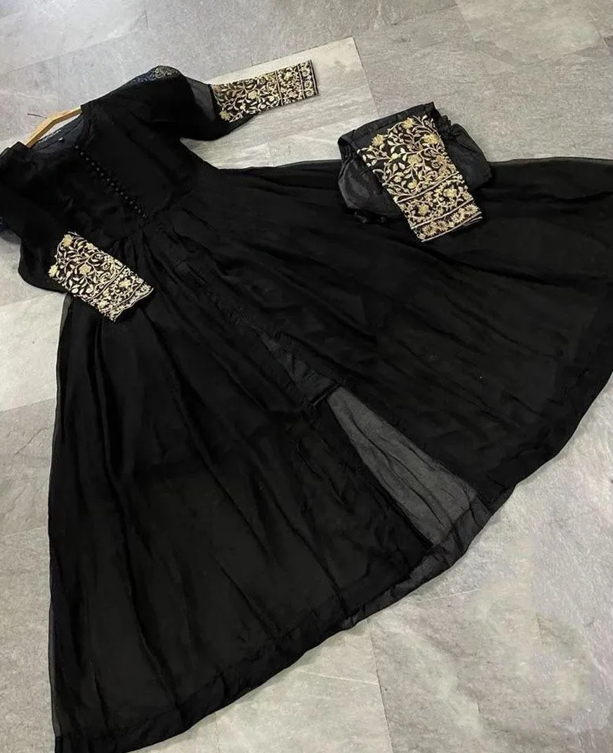 Black Embroidered Chiffon Maxi & Trouser Set 2PCs - Image 2