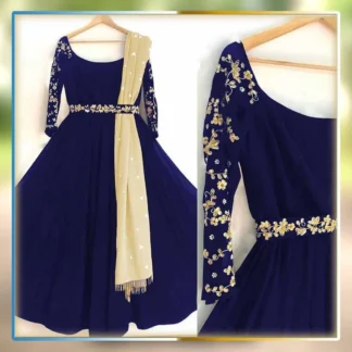 Blue Chiffon 3-Piece Suit with Gold Embroidery for Eid Party