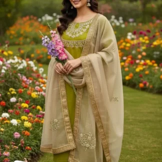 03 Pcs Embroidered Mirror Suit Khatan Beige