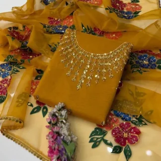 Mustard Organza 3 Pcs Hand Work Es Suit for Weddings