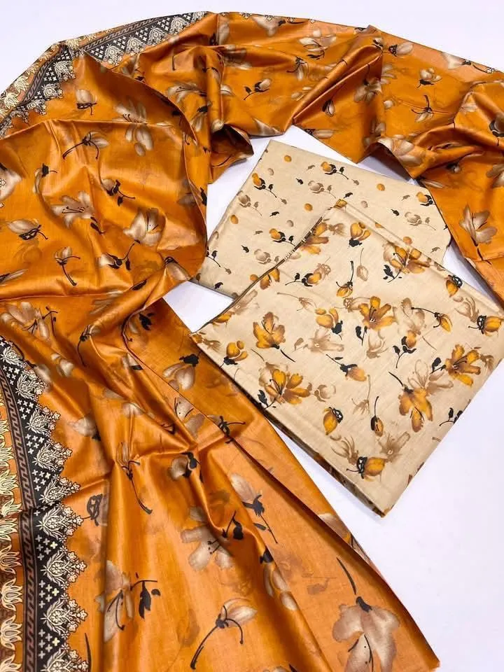 Golden Floral Lawn 3-Piece Suit for Women