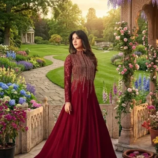 Maroon Sequins Embroidered Maxi Dress with Chiffon Dupatta