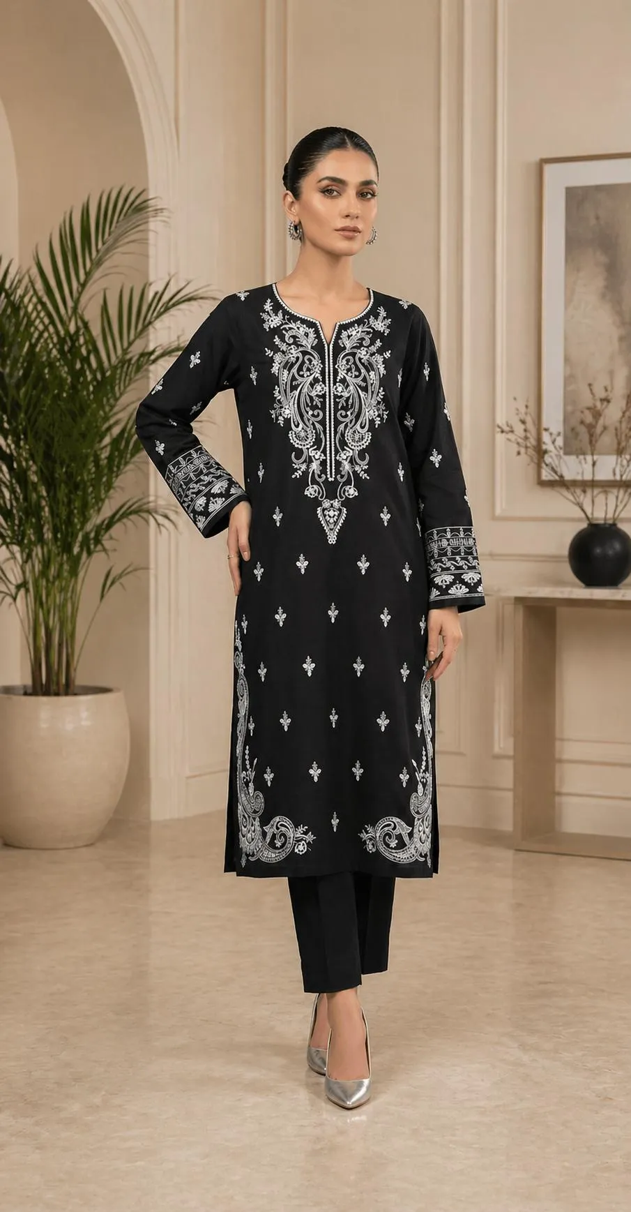 Black Embroidered Lawn Kurta Set for Women