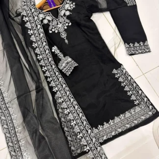 Black Organza Embroidered 3Pcs Women Suit Set