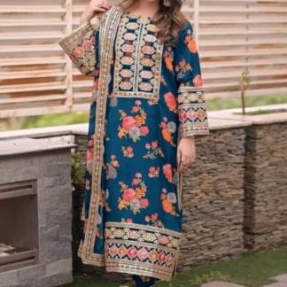 3Pcs Embroidered Patchwork Printed Flapper Set Blue