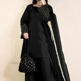 Black Pearl Embroidered 3Pcs Farshi Set With Lace Dupatta