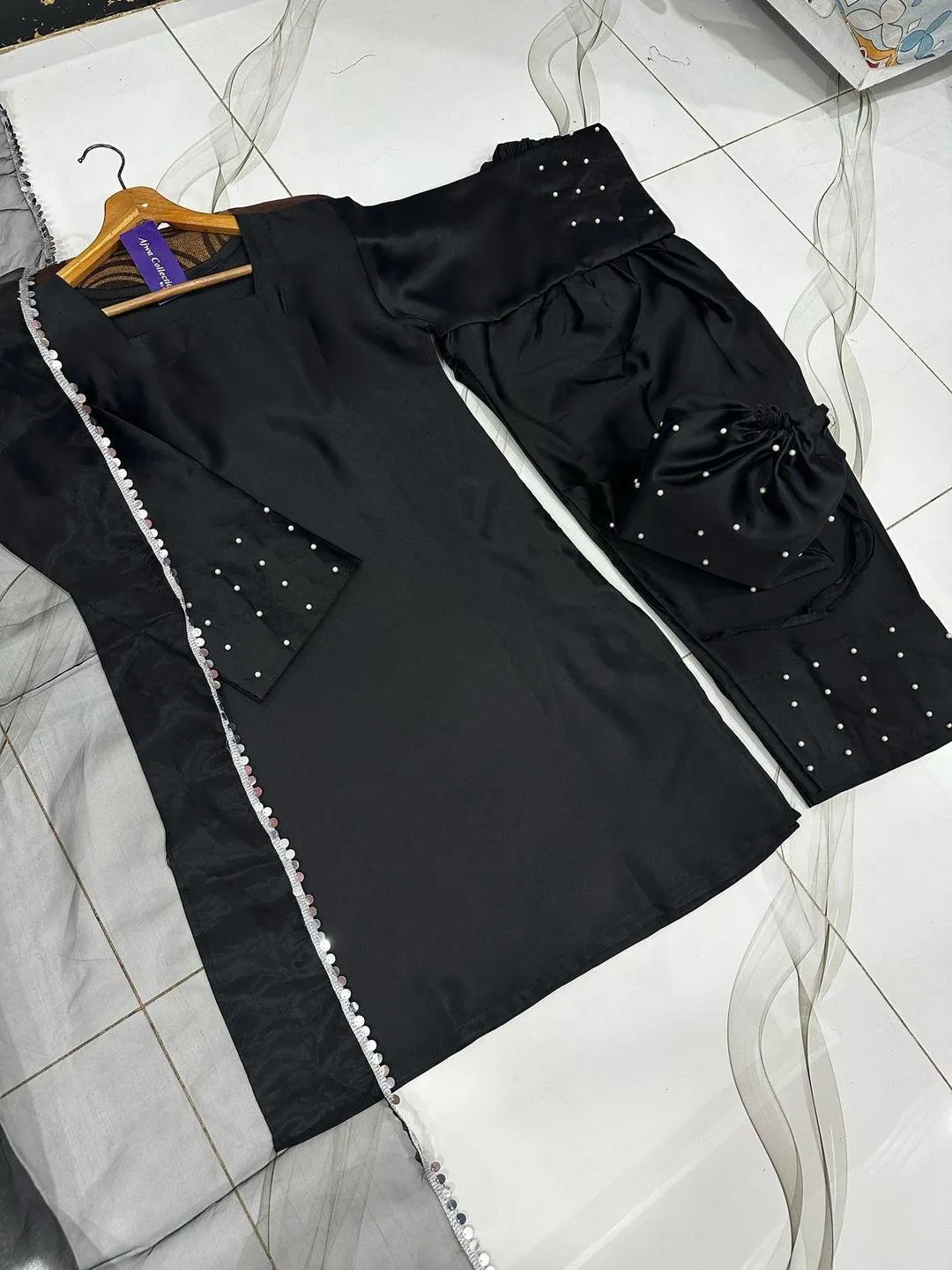 Black Pearl Embroidered 3Pcs Farshi Set With Lace Dupatta - Image 2