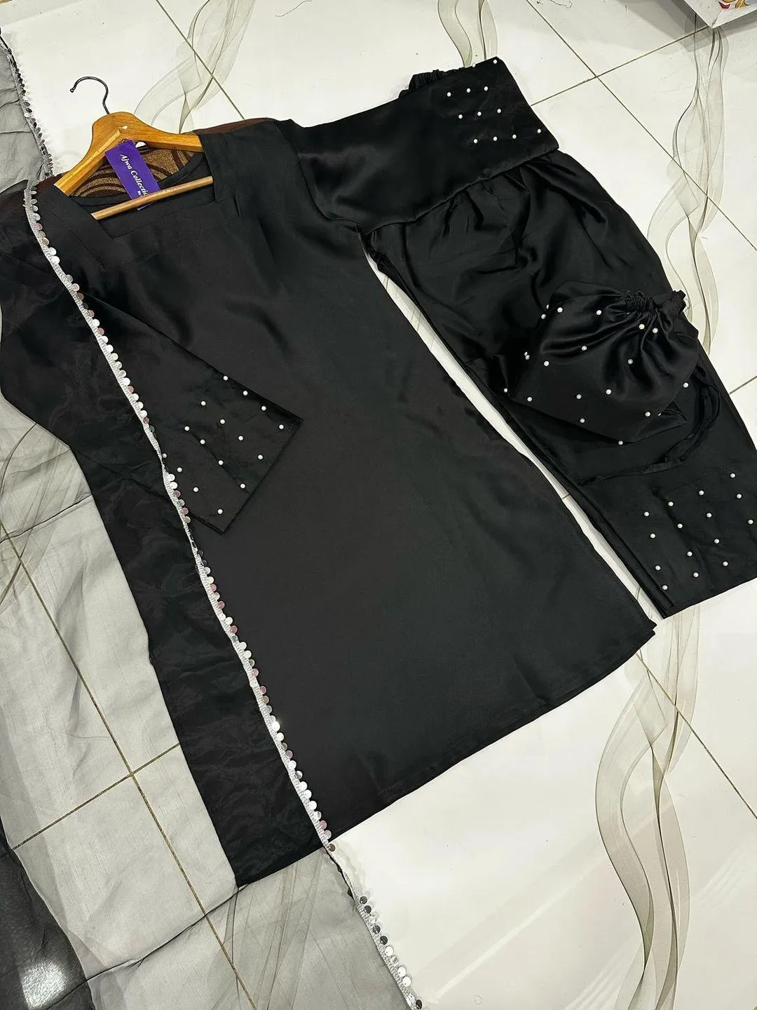 Black Pearl Embroidered 3Pcs Farshi Set With Lace Dupatta - Image 3
