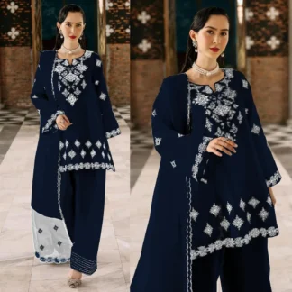 Heavy Neck Embroidered 3Pcs Navy Blue Pakistani Set