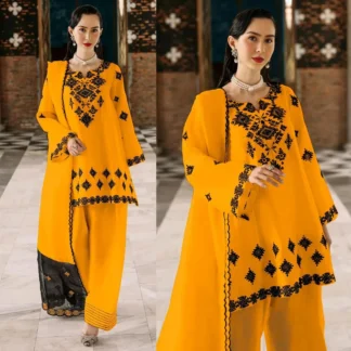 Yellow Embroidered 3Pc Pakistani Kurta Set