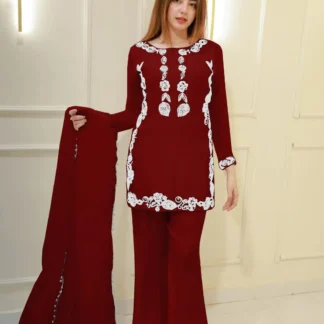 Red Embroidered 3Pc Cotton Suit with Lace Dupatta