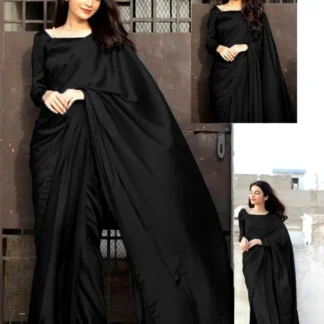 Black Silk Saree with Attached Petticoat & 7 Yards Stitch