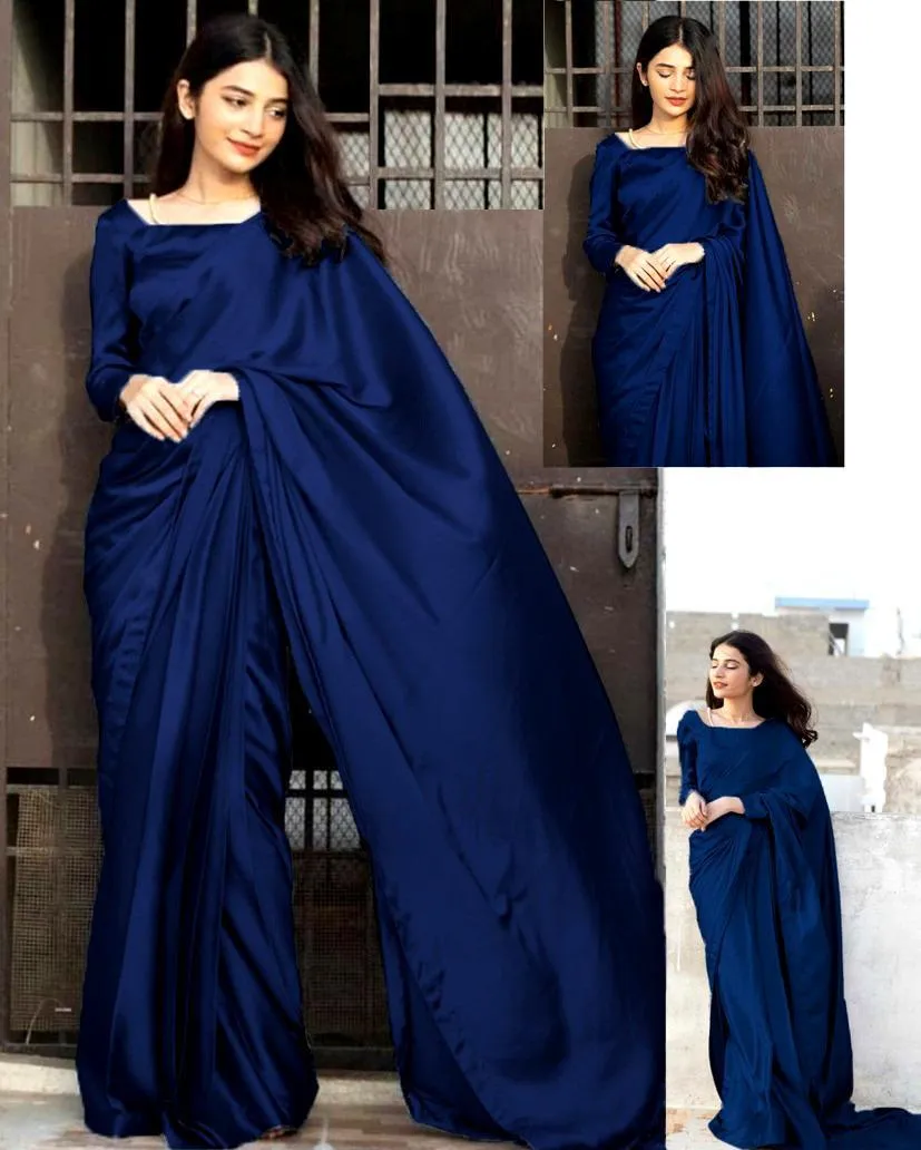 Blue Silk Attached Saree with Petticoat & Stitched Design