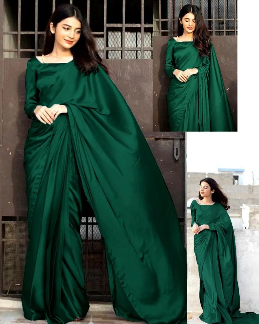Green Silk Saree Set with Blouse & Stitched Design