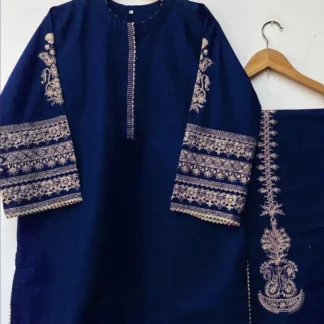 Blue Front Lace Work Embroidered Shirt With Emb Trouser 2Pcs