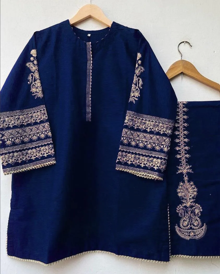 Blue Front Lace Work Embroidered Shirt With Emb Trouser 2Pcs