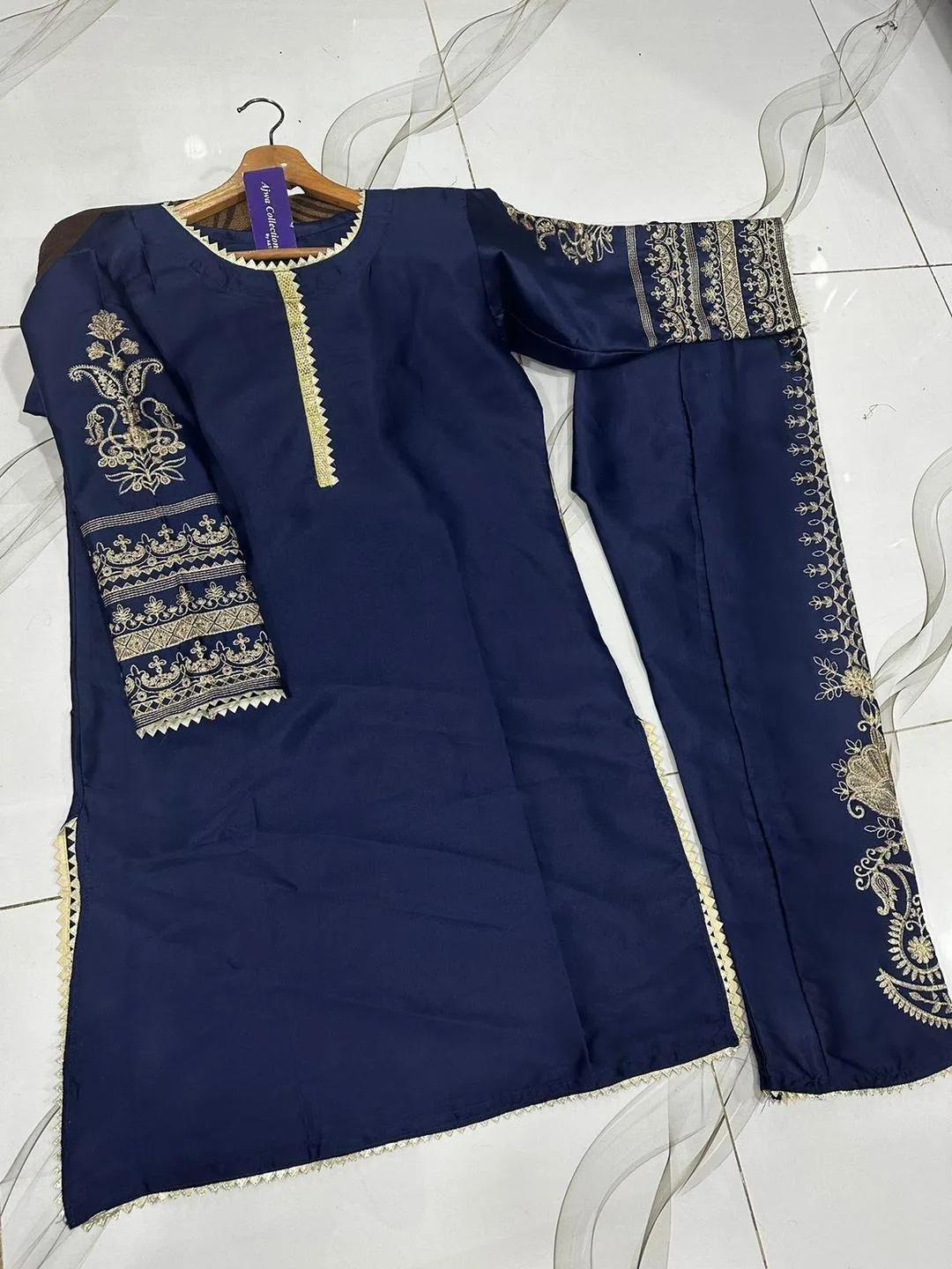 Blue Front Lace Work Embroidered Shirt With Emb Trouser 2Pcs - Image 2
