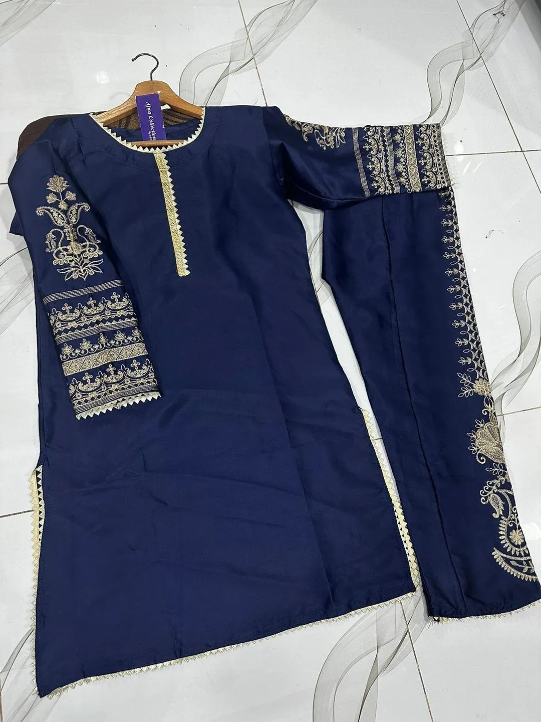Blue Front Lace Work Embroidered Shirt With Emb Trouser 2Pcs - Image 3