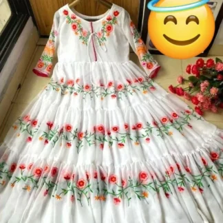 White Chiffon Floral Maxi Dress for Women with Inner Lining